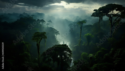 Beautiful landscape of tropical rainforest with fog in the morning.