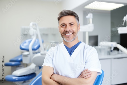 Male portrait of a smiling andorran dentist in the background of a dental office.