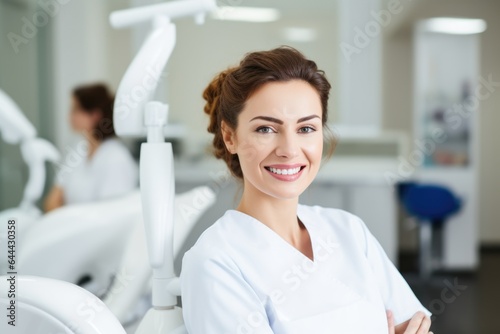 Female portrait of a smiling albanian dentist in the background of a dental office.