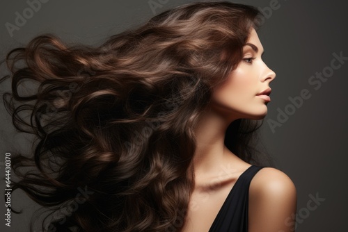 Portrait of a beautiful brown haired woman with gorgeous waving hair on a brown background.