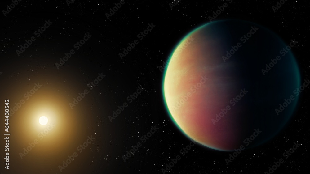 Extrasolar planet with a star. Sunrise over a distant exoplanet. Distant Super-Earth.