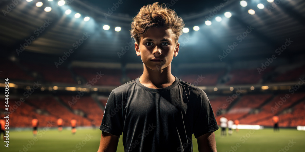Illuminated Kickoff: Young Player Poised for Epic Soccer Night at Stadium.