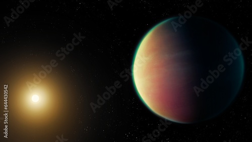 Fototapeta Naklejka Na Ścianę i Meble -  Extrasolar planet with a star. Sunrise over a distant exoplanet. Distant Super-Earth.