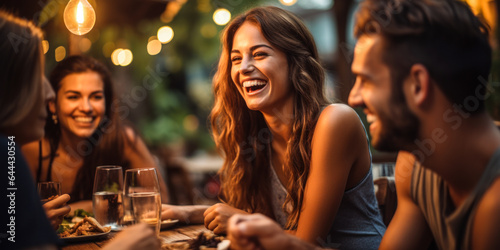Summer Delight: Friends Sharing Laughter Over Dinner Outdoors