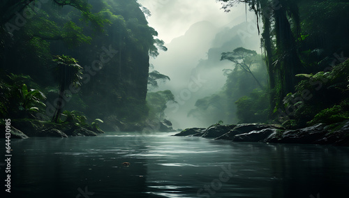 Tropical rainforest in the morning with fog over the water
