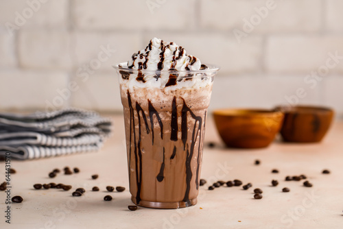 Photography Mocha creamy Delight with ice cream and chocolate chip and coffee beans served i