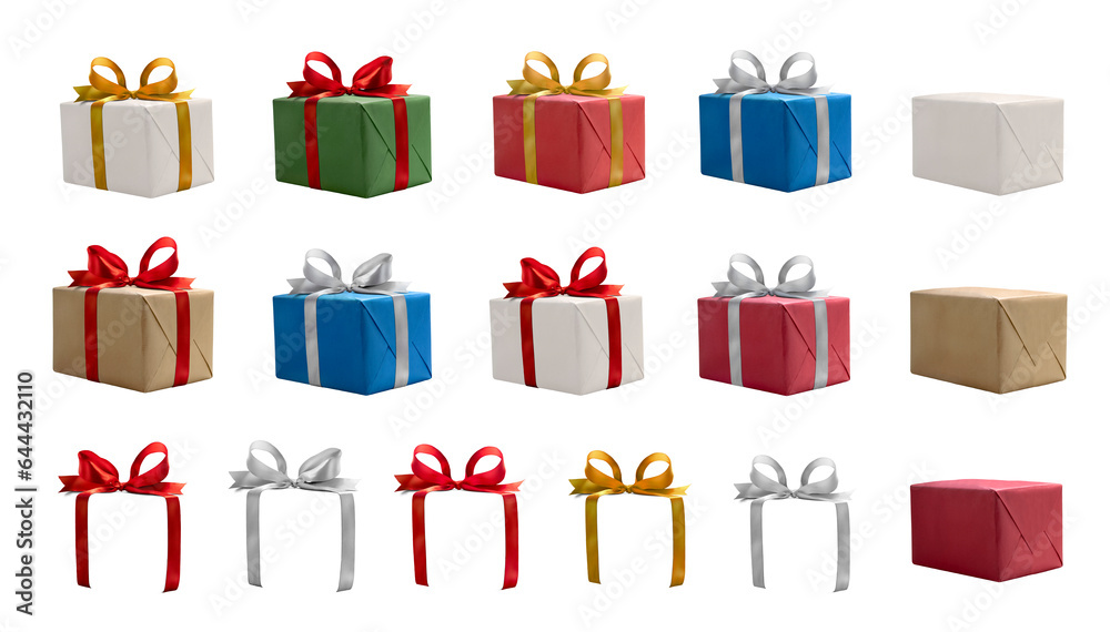 A collection of multi coloured presents with the choice of different coloured ribbon bows including red, gold and silver isolated against a transparent background.
