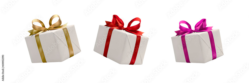 A collection of white gift wrapped presents with a red , gold and pink ribbon bows isolated against a transparent background.