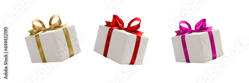 Obraz na płótnie A collection of white gift wrapped presents with a red , gold and pink ribbon bows isolated against a transparent background. w salonie