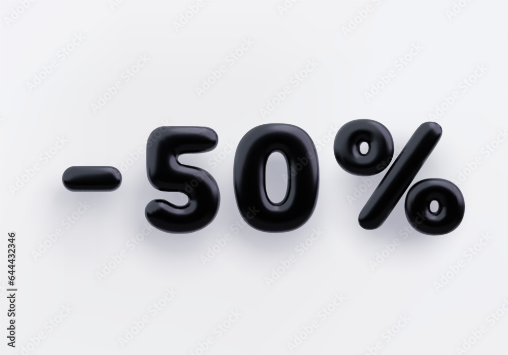 Black 3D discount sign minus 50 percent on a white background. Stock