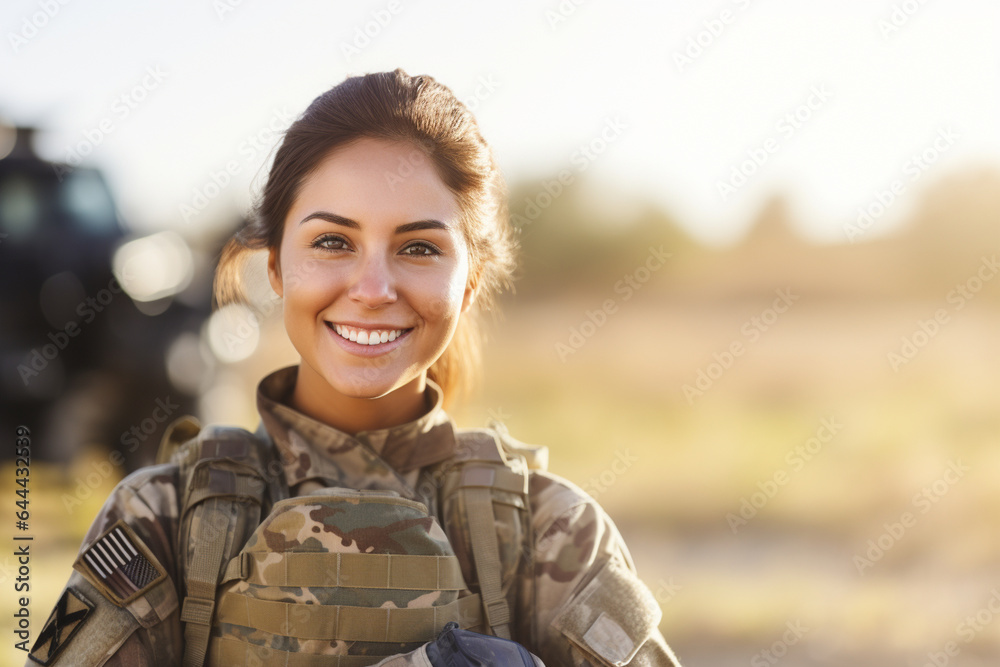 Smiling Servicewoman on Deployment, with copy space