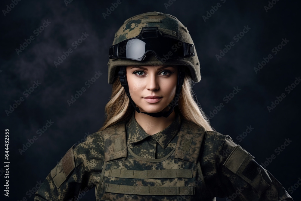 Strong Servicewoman in a Camouflage Helmet, with copy space
