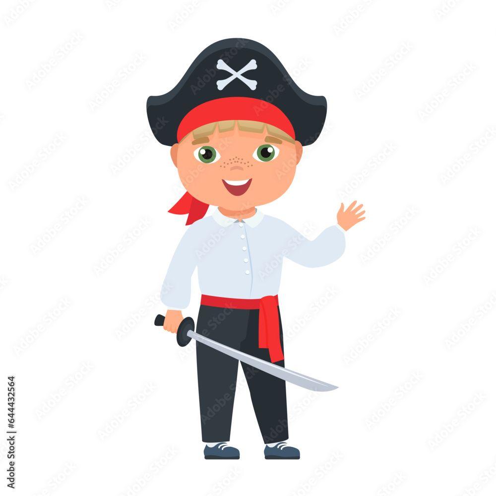 Pirate kid halloween. Funny spooky holiday, horror costume party vector cartoon illustration