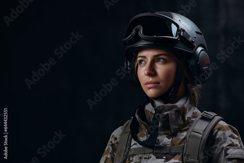 Strong Servicewoman in a Camouflage Helmet, with copy space © Катерина Євтехова