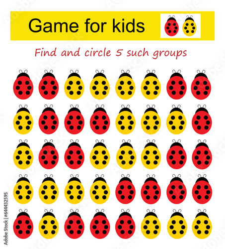 A game for kids. Find the group of ladybugs shown in the sample and circle it.