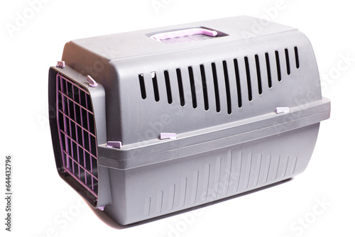 Pet carrier. Plastic carrying case for traveling with pets or visiting veterinarian. Animal transportation box or kennel.