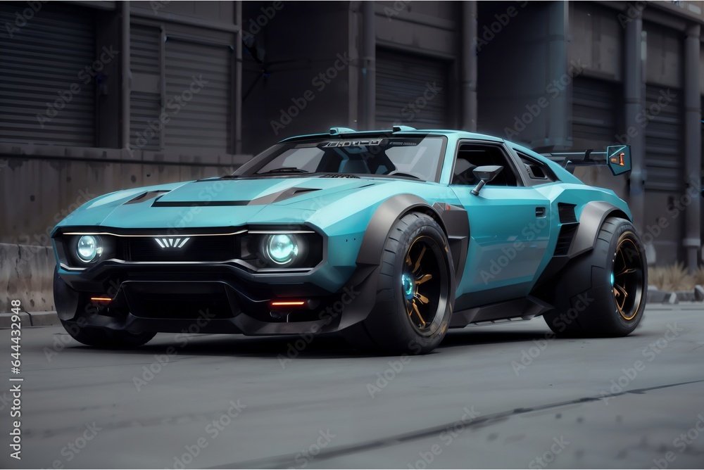 Illustration eines blauen cyberpunk Autos Illustration eines blauen cyberpunk Autos