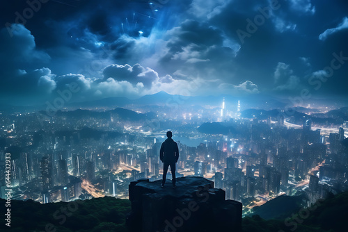 Businessman standing on top of mountain and looking at the night city