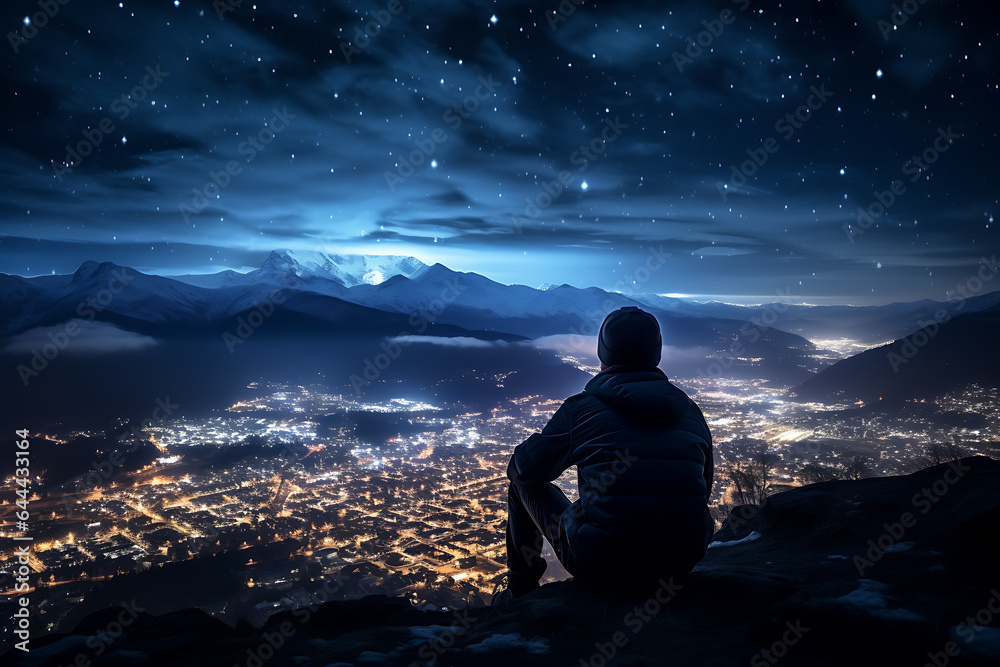 Hiker sitting on top of mountain and looking at night cityscape