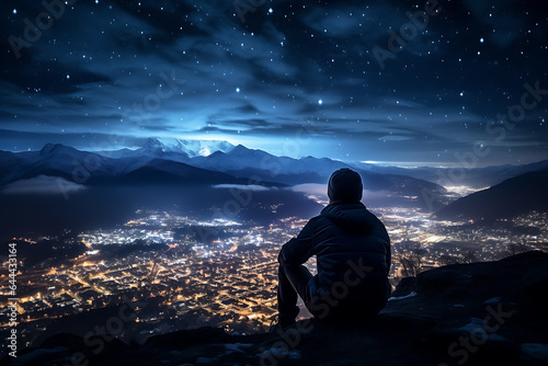 Hiker sitting on top of mountain and looking at night cityscape