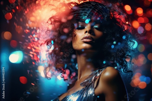 Double-exposure photo a disco ball and a disco dancer in motion. The overlapping elements create a surreal and visually striking of the disco era's energy and glamour. Generative AI