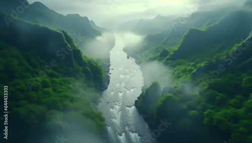 Mountain and river shot through the sky in a cloudy tropical environment
