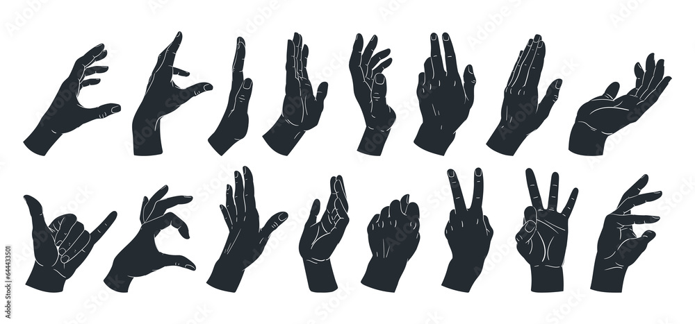 Hands gesture silhouettes. Cartoon human signs, peace, okay, call position. Hand palms gestures flat vector illustration set - obrazy, fototapety, plakaty 