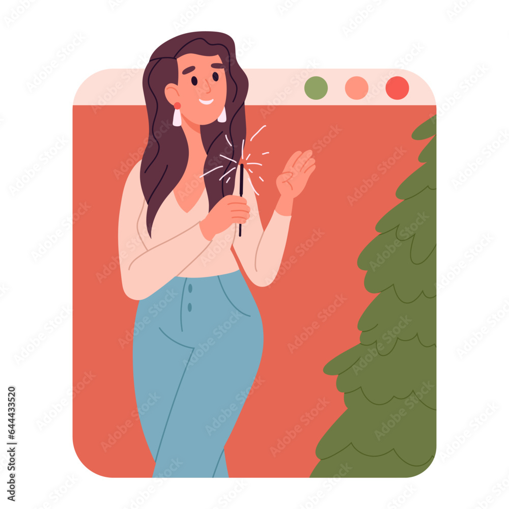 Xmas event online celebration. Young woman on smartphone screen, Christmas video congratulations on gadget screen flat vector illustration Xmas event online celebration. Young woman on smartphone screen, Christmas video congratulations on gadget screen flat vector illustration