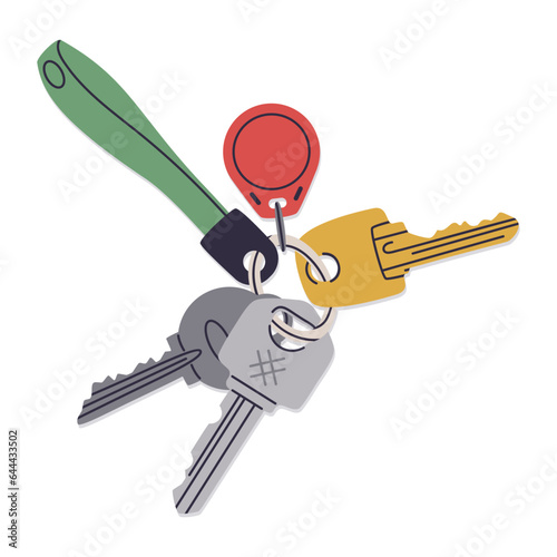 Modern key bunch. Real estate property entrance keys with keychain and plastic tag, door keys with keyring flat vector illustration. Apartment keys