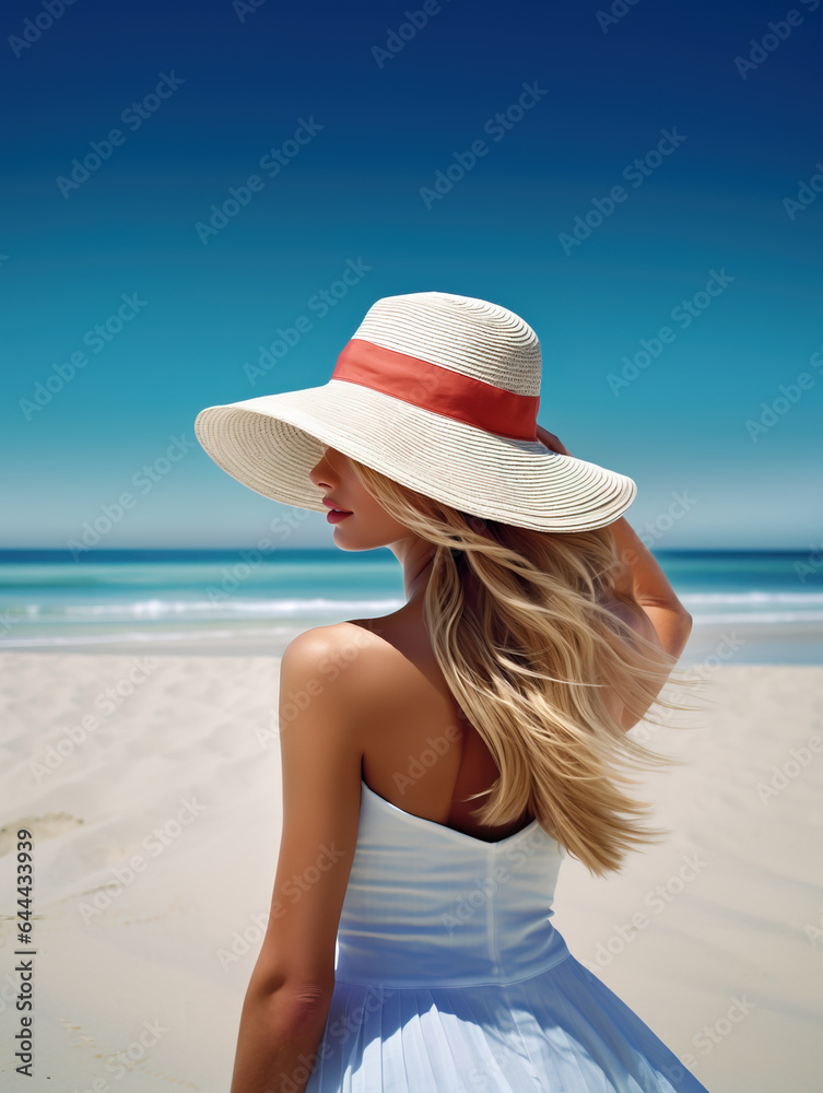 Breeze blowing over brimmed hat from beautiful blonde woman's head Breeze blowing over brimmed hat from beautiful blonde woman's head