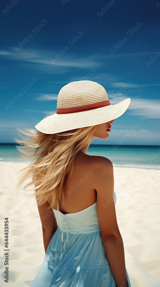 Side portrait of beautiful blonde woman in wide brimmed hat with visible sensual lips