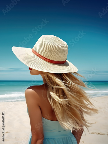 Slightly turned to the side  Woman in wide-brimmed hat and white dress standing on windy beach