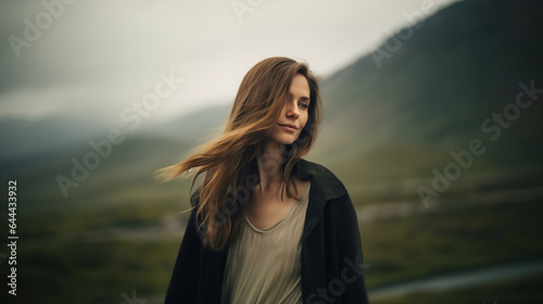 Self healing and spirituality concept with young woman with eyes closed standing with her hair in the wind breeze