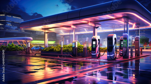 Electric vehicle charging stations illuminated at dusk