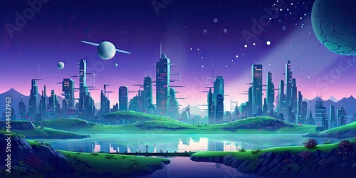 Futuristic Urban Ecosystem Background Captured in Flat Design Artistry - Vector-Centric Animation Backdrop of a Sustainable and Green Metropolis Wallpaper created with Generative AI Technology