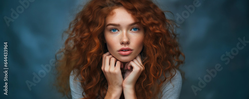 Close-up face of redheaded young woman with freckles and blue eyes with hands under chin © IBEX.Media