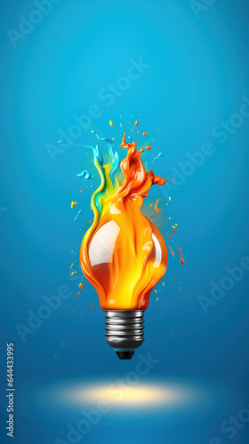 Eureka moment with colorful paint merged into light bulb on bright blue background