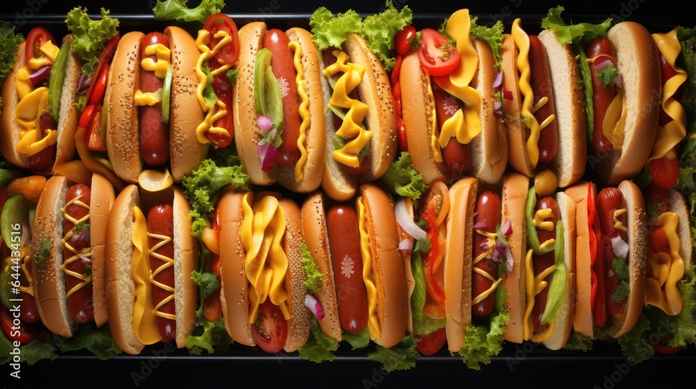 Fresh made hot dogs top view. Delicious fast food background.