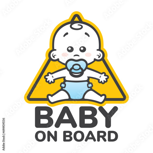Vector yellow triangle sign with boy with pacifier and text - Baby on board. Isolated white background.