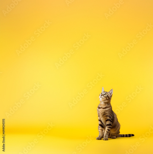 chat assis par terre qui regarde quelque chose vers le haut - espace vide pour incrustation de produit ou de message - fond jaune © Fox_Dsign