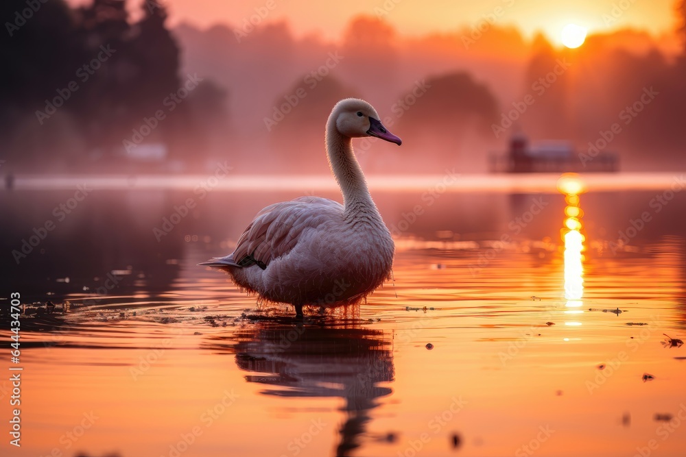 Fototapeta premium A picturesque background image, featuring a December sunrise at the lake with a graceful swan, evoking the serene beauty of a winter morning scene. Photorealistic illustration, Generative AI