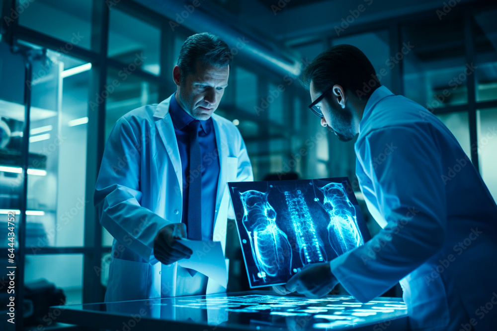 Cirujano ortopédico examinando la rodilla del paciente radiografías