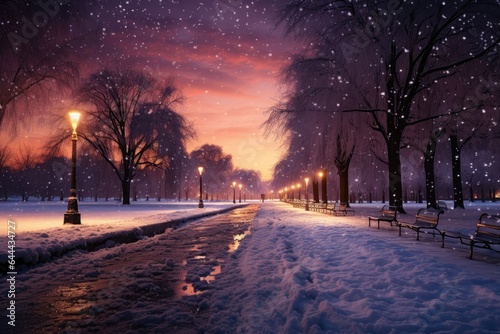 A picturesque background image for creative content in December, portraying a snow-covered park at sunset with gentle snowfall and illuminated lamp posts. Photorealistic illustration, Generative AI © DIMENSIONS