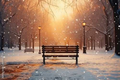 A background image for creative content in December, showcasing a park with a snow-covered bench, as the sun sets, creating a winter-themed scene. Photorealistic illustration, Generative AI