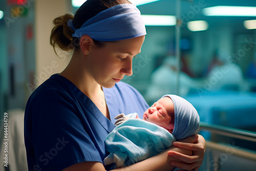Enfermera acunando a un bebé recién nacido, mostrando emociones de crianza y cuidado. Un momento de atención sanitaria captado en un moderno hospital. photo