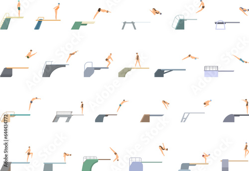 Jumping from the springboard into the water icons set cartoon vector. Pool dive. Water sport