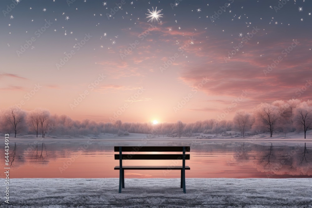 A serene background image for creative content, portraying a bench by a lake in a snow-covered park against the backdrop of a picturesque sunset sky. Photorealistic illustration, Generative AI A serene background image for creative content, portraying a bench by a lake in a snow-covered park against the backdrop of a picturesque sunset sky. Photorealistic illustration, Generative AI