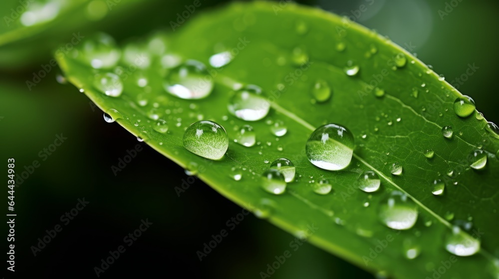 Green leaves with water drops Close-up. Macro shot of morning dew drops on fresh green leaf. Nature and ecology concept. Natural background. One leaf with tiny raindrops on it. Green leaves with water drops Close-up. Macro shot of morning dew drops on fresh green leaf. Nature and ecology concept. Natural background. One leaf with tiny raindrops on it.