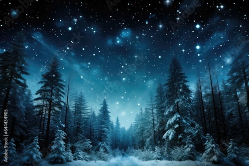 A mesmerizing background image for creative content, depicting a starry sky over a snow-covered winter forest, creating a enchanting atmosphere. Photorealistic illustration, Generative AI