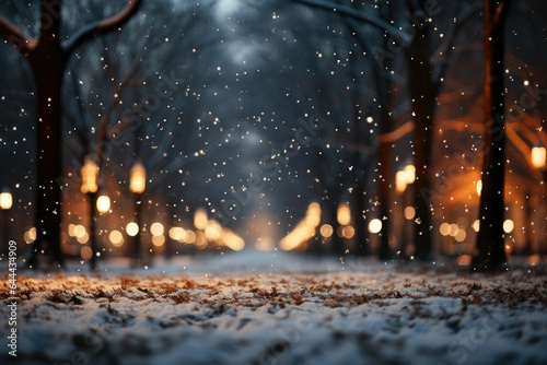 A delightful background image for creative content, featuring a snowy park with trees alongside and a blurred background. Photorealistic illustration, Generative AI